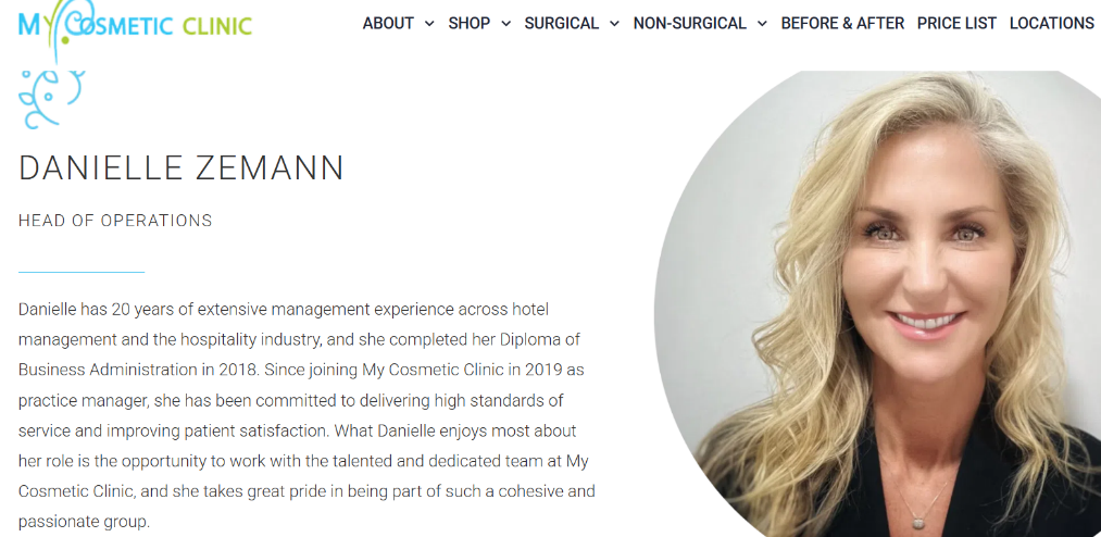 My Cosmetic Clinic team profile naming Danielle Zemann as Head of Operations